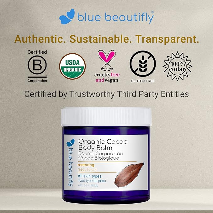 Blue Beautifly USDA Certified Organic Cacao Body Butter Balm - Soothes. Softens. Moisturizes. - Restores Dry, Chaffed, Cracked Skin - With Shea Butter, Cocoa Butter, and Vitamin E Oil - 4 fl oz