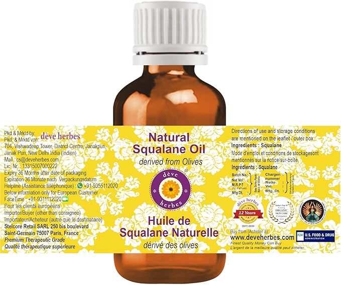 dève herbes Natural Squalane Oil (derived from Olives) | Infused | Pure | Non-Sticky | Lightweight | for Facial Care | Men & Women | 30ml (1 oz)