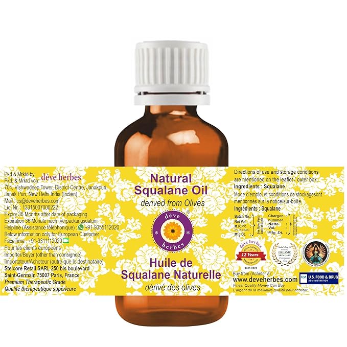 dève herbes Natural Squalane Oil (derived from Olives) | Infused | Pure | Non-Sticky | Lightweight | For Facial Care | Men & Women | 10ml (0.33 oz)