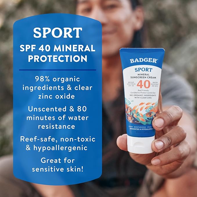 Badger Sport Mineral Sunscreen, Reef Safe, SPF 40, 98% Organic with Zinc Oxide, Water Resistant, Hawaii Reef Act 104 Compliant, Unscented & Hypoallergenic, For Sports & Adventures, 2.9 fl oz, 2-Pack