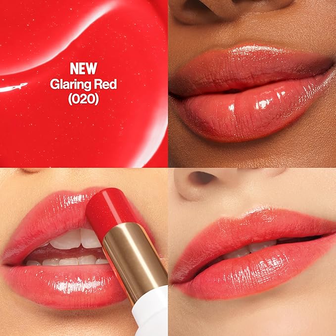 REVLON Super Lustrous Glass Shine Balm, Hydrating Tinted Lip Balm with Hyaluronic Acid, Aloe & Rose Quartz, Light-Medium Red Lipstick, NEW Shade, 020 Glaring Red, 0.11 oz