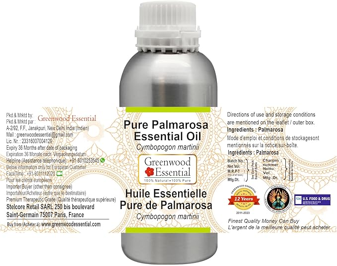 Greenwood Essential Pure Palmarosa Essential Oil (Cymbopogon martinii) Steam Distilled 300ml (10.1 oz)