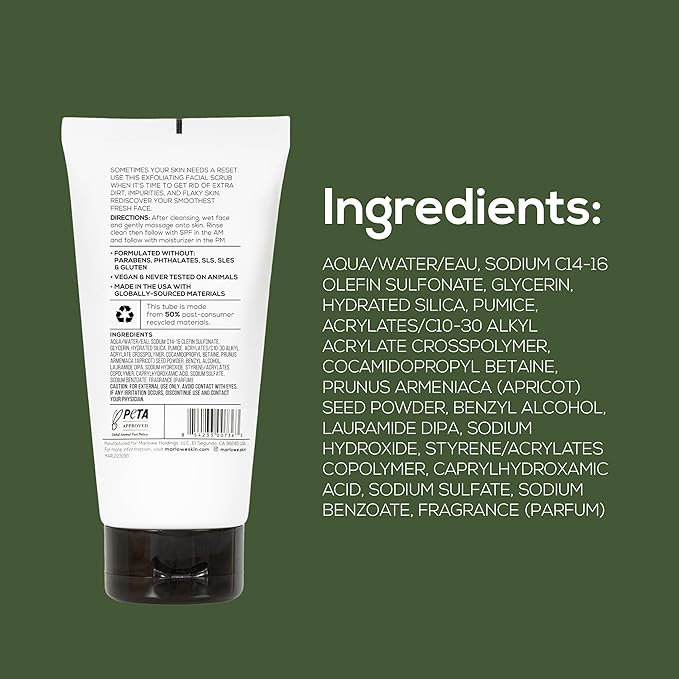 MARLOWE. Facial Scrub for Men, 6 oz, Exfoliating & Refreshing Gentle Face Exfoliator, Cleanses, Smooths, Revitalizes Skin, Clean Vegan Formula with Apricot Seed Powder & Pumice, Fresh Sage & Fir Scent