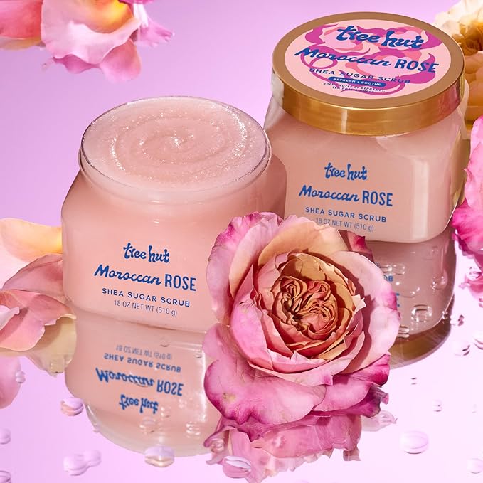 Tree Hut Moroccan Rose Shea Sugar Scrub, Exfoliating & Hydrating Body Scrub with Shea Butter & Essential Oils, Smooth & Soften Skin, 18 oz