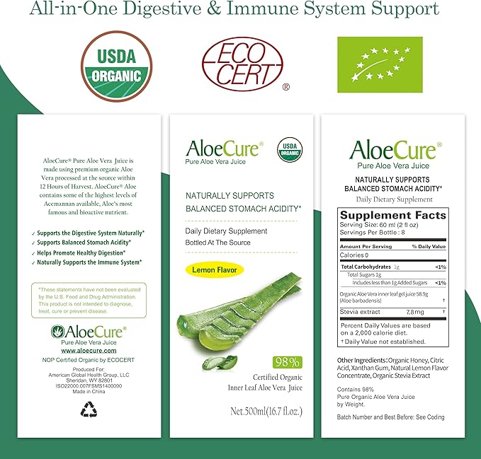 AloeCure USDA Organic Aloe Vera Juice Lemon Flavor - Made Within 12 Hours of Harvest - Natural Digestive Supplement for Balanced Stomach Acidity - Support Digestive and Immune Health, 12 Btls x 16.7oz