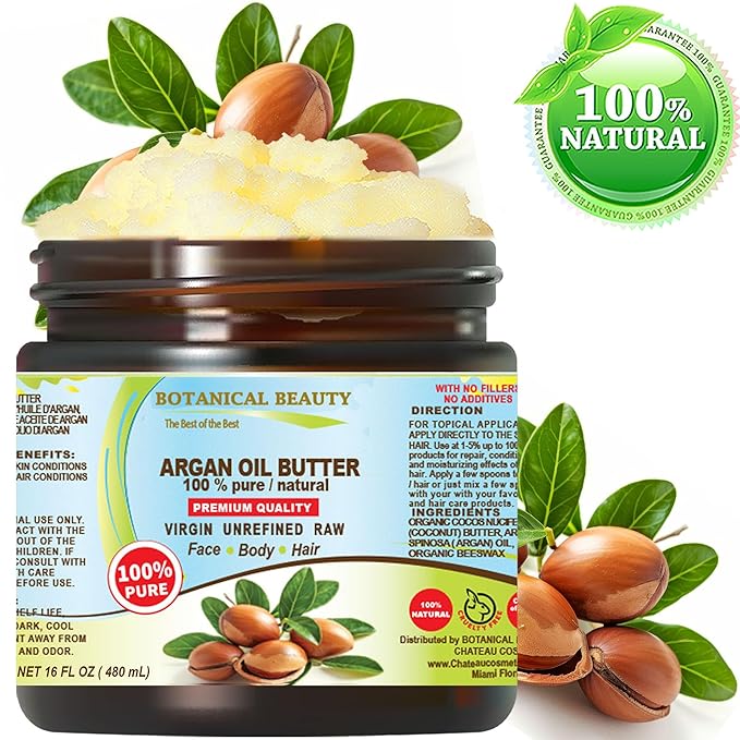 Botanical Beauty ARGAN OIL BUTTER RAW 100% Pure Natural VIRGIN UNREFINED Cold-Pressed for Face, Skin, Body, Hair, Lip, Nails. Rich in Vitamin E (16 Fl Oz)