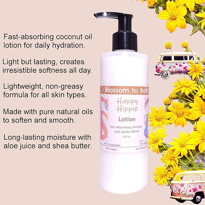 Blossom to Bath Happy Hippie Lotion (8 Ounce) - Pure Essential Oil Fragrance - Absorbs Quickly with a Sweet Happy Herbal Scent