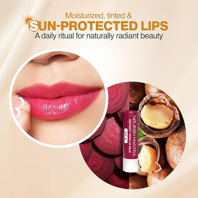 NOURISH MANTRA Beetroot Tinted Lip Balm with SPF 20 | Lip Balm for Chapped & Dry Lips | Enriched with Almond Oil, Shea Butter & Beetroot | Suits All Skin Types | For Men & Women | 4gm