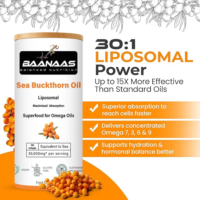 LIPOSOMAL Sea Buckthorn Oil Capsules 30,000mg | 180 Count | High Strength Vegan Supplement | Source of Omega 7 Essential Fatty Acids | No Artificial Preservatives | by Baanaas