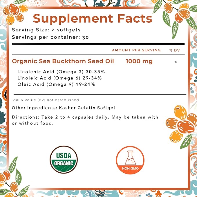 SEABUCKWONDERS Sea Buckthorn Seed Oil,100% Certified Organic, 60 Count, 1 Bottle