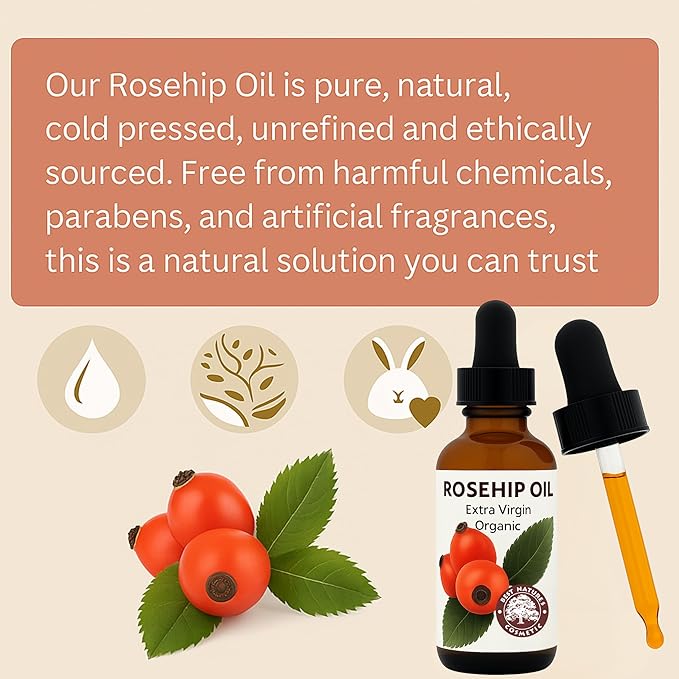 Best Nature's Cosmetics Rosehip Seed Oil – 100% Pure & Unrefined - Cold Pressed from Chile - Brightens & Rejuvenates Skin - Helps Fade Scars & Wrinkles - Natural Glow Face Oil - 1 fl oz / 30 ml