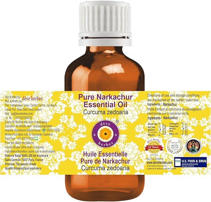 dève herbes NAR Kachur Essential Oil (Curcuma zedoaria) Pure | Non-Sticky | Non-Greasy | Lightweight | Men & Women | All Skin Types | Steam Distilled 30ml (1 oz)