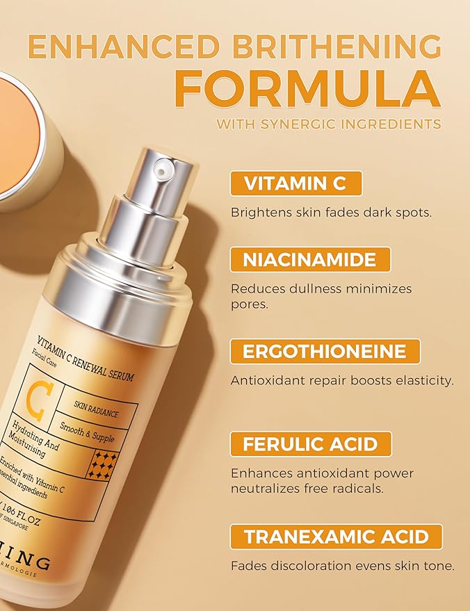 NING DERMOLOGIE Vitamin C Serum with Niacinamide & Ethyl Ascorbic Acid: Brightening, Moisturizing Face Serum for Dark Spots | Hyperpigmentation & Anti-Aging Treatment | Korean Synergy Formula 1.01oz