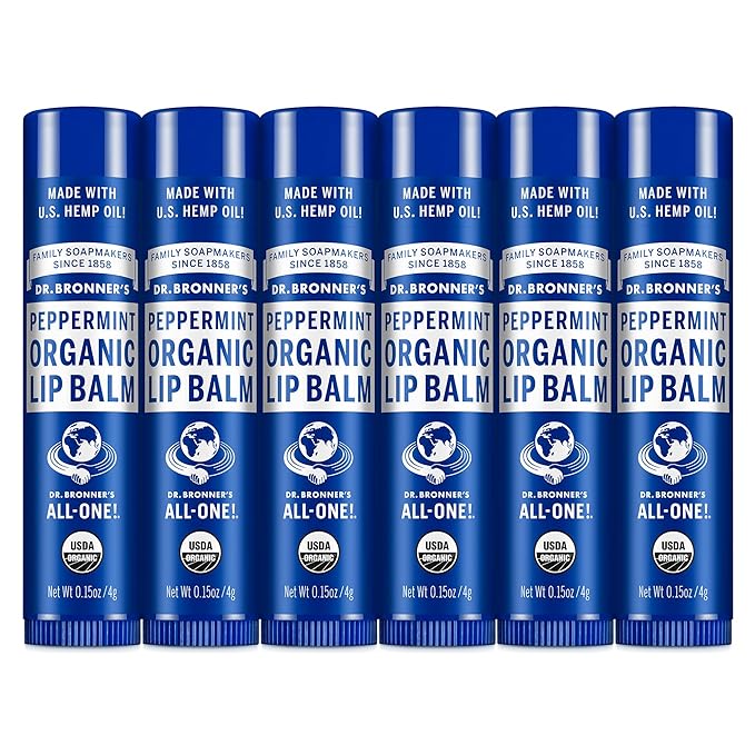 Dr. Bronner's - Organic Lip Balm (Peppermint, .15 ounce, 6-Pack) - Made with Organic Beeswax and Avocado Oil, For Dry Lips, Hands, Chin or Cheeks, Jojoba Oil for Added Moisture, Cooling and Hydrating