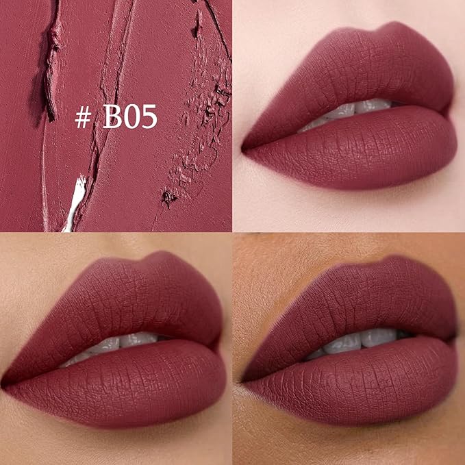 Matte Lipstick Lip Crayon, Berry Wine Long Lasting Lip Stick, Waterproof Velvet Lip Liner Pencil for Women, 24 Hour Neutral Lipstick, B05