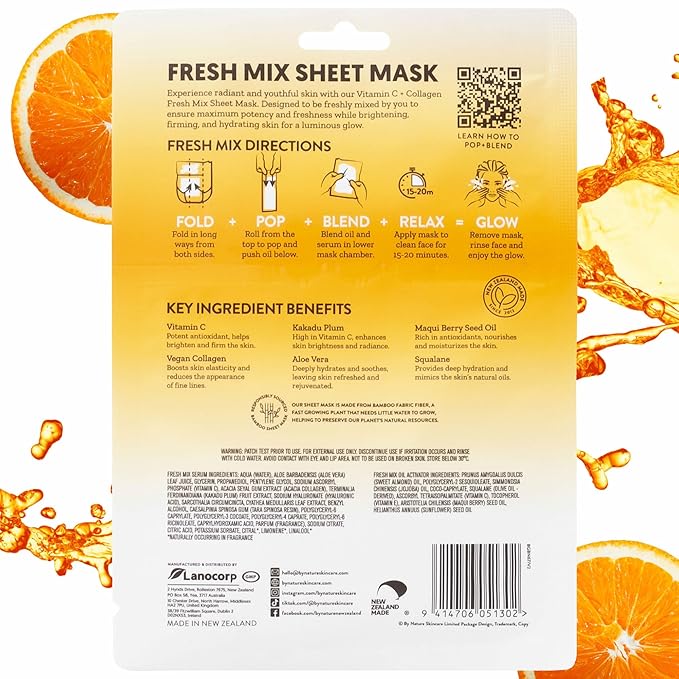 By Nature POP + BLEND Fresh Mix Vitamin C Collagen Sheet Mask – DIY Facial Treatment for Firming & Hydrating Skin with Kakadu Plum & Vitamin E – Pack of 12