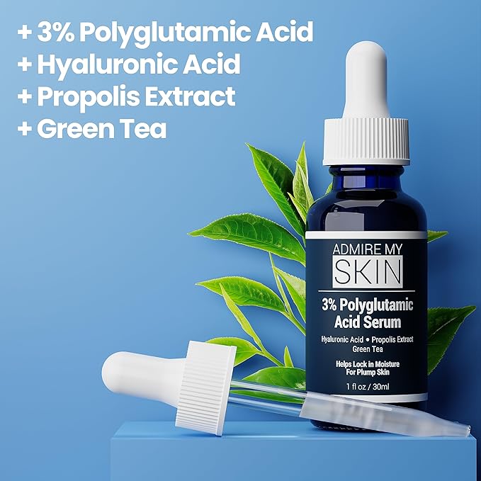 Admire My Skin Organic Polyglutamic Acid Facial Serum - Powerful Hydration & Anti Aging + Hyaluronic Acid + Propolis 1oz (Pack of 2)