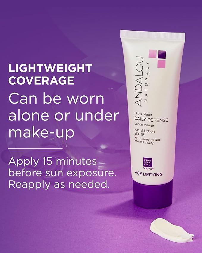 Andalou Naturals Age Defying Ultra Sheer Daily Defense Facial Lotion SPF 18 - Lightweight Sunscreen Moisturizer for Face - With Resveratrol CoQ10 - For All Skin Types - 2.7 oz