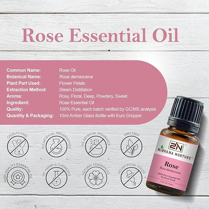 Rose Essential Oil, 100% Pure Undiluted, Aromatherapy Oil for Diffuser, Hair & Skin Care