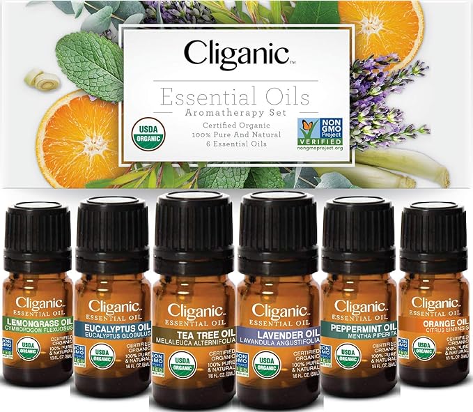 Cliganic Organic Jojoba Oil with Top 6 Organic Essential Oils Set