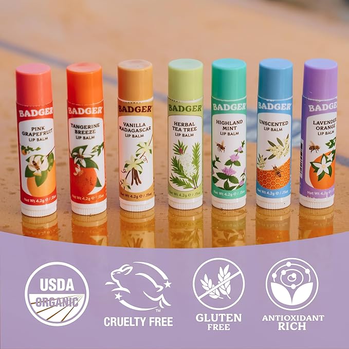Badger Lavender Orange Classic Lip Balm, 100% Organic Balm, Long Lasting Lip Care w/Light Silky Texture, Uplifting Orange & Calming Lavender Lip Balm, 4 Pack