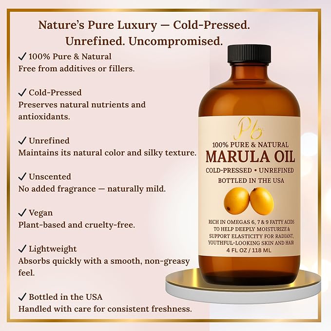 Pomberries Marula Oil for Face, 100% Pure Cold-Pressed Unrefined, Moisturizing Skin & Hair Oil, Lightweight Non-Greasy Hydrating Face Oil- 4 fl oz Glass Bottle
