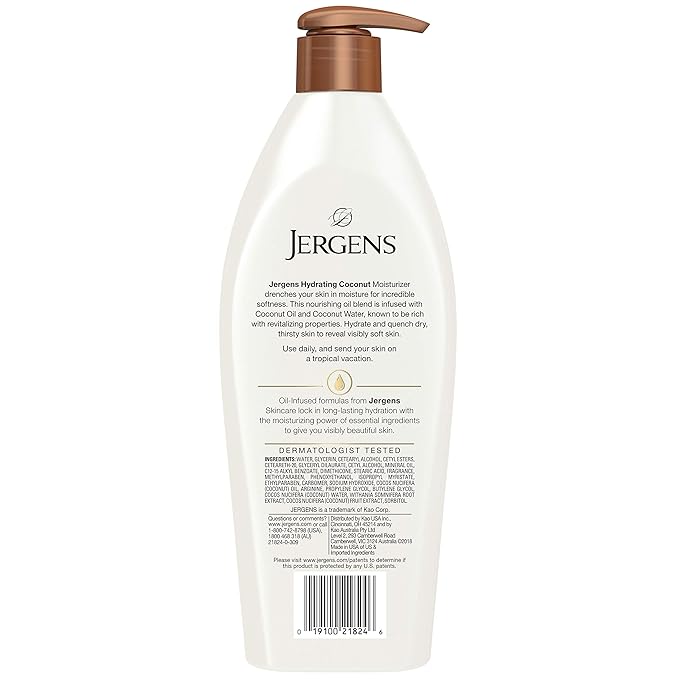 Jergens Hydrating Coconut Body Lotion,Hand and Body Moisturizer,Infused with Coconut Oil,Hydrates Dry Skin Instantly,Dermatologist Tested,16.8 oz,(Pack of 2)