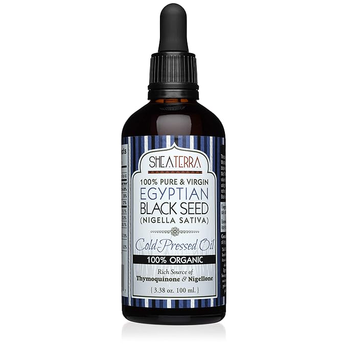 Shea Terra Egyptian Black Seed Cold Pressed Extra Virgin Oil, All Natural Oil to Support Immune System, Encourage Hair Growth & Skin Tone, Assist in Dry Skin, & More, 3.38 oz