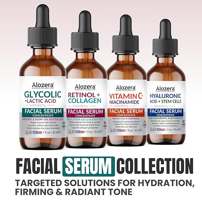 Alozera AHA Serum for Face with Glycolic Acid & Lactic Acid, AHA Exfoliating & Pore Refining Treatment Serum for Smoother, Renewed Skin, Helps Improve Skin Texture, Night Time Serum
