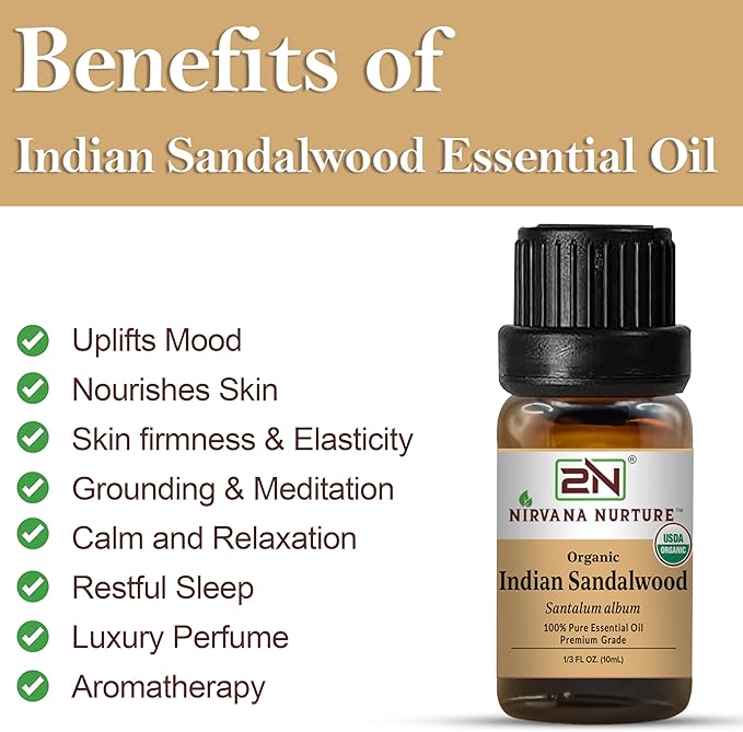 Indian Sandalwood Essential Oil, USDA Certified Organic, 100% Pure Undiluted, Aromatherapy Oil for Diffuser, Hair & Skin Care