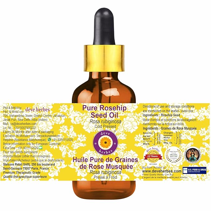 dève herbes Pure Rosehip Oil (Rosa rubiginosa) with Glass Dropper Cold Pressed 50ml (1.69 oz)