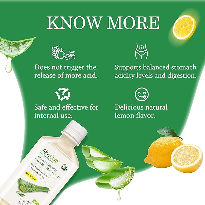 AloeCure USDA Organic Aloe Vera Juice Lemon Flavor - Made Within 12 Hours of Harvest - Natural Digestive Supplement for Balanced Stomach Acidity - Support Digestive and Immune Health, 2 Btls x 16.7oz