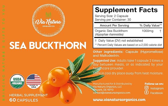 Sea Buckthorn Capsules 1000mg | Organic Herbal Supplement | Natural Source of Omega 3, Omega 6, Omega 7 and Omega 9 | 60 Capsules