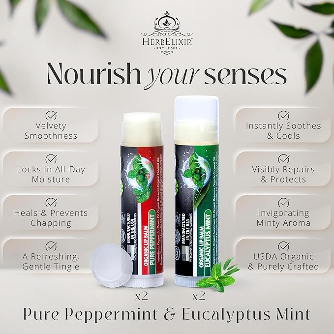 Organic Lip Balm Chapstick Bulk 4 Pack – Peppermint & Eucalyptus Mint – Natural Beeswax Lip Balm – Moisturizer for Very Dry, Chapped Lips