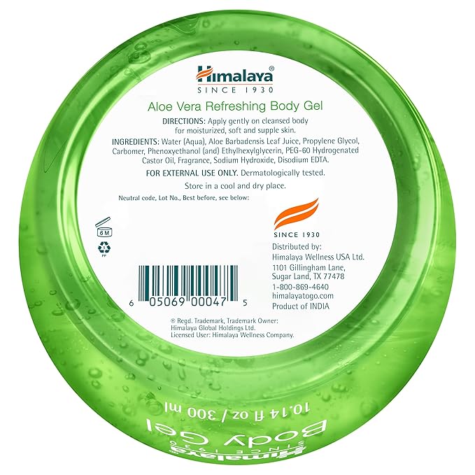 Himalaya Aloe Vera Refreshing Body Gel, with Real Aloe Vera for Moisturizing, Cooling, and Soothing Skin, Lightweight Non-Greasy Formula, 10.14 fl oz (300 ml)