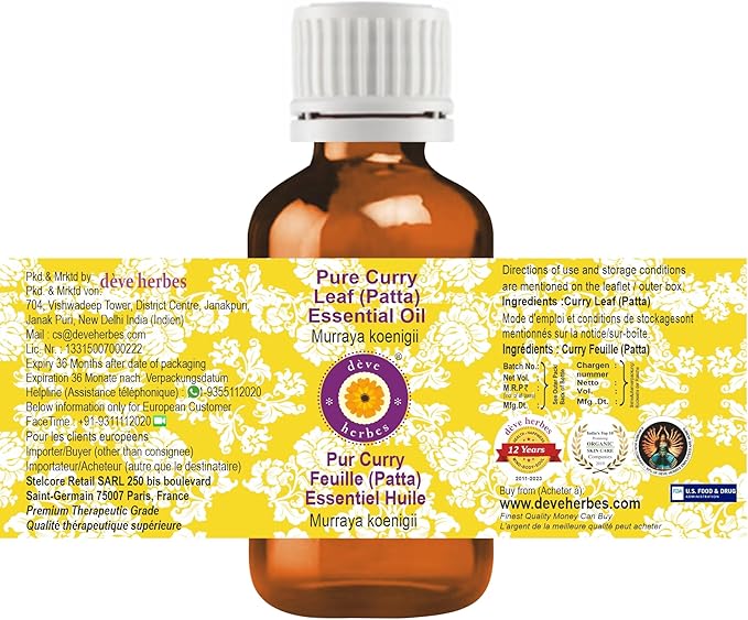 dève herbes Curry Leaf (Patta) Essential Oil (Murraya koenigii) Pure | Non-Sticky | Non-Greasy | Lightweight | Men & Women | All Skin Types | Steam Distilled 10ml (0.33 oz)
