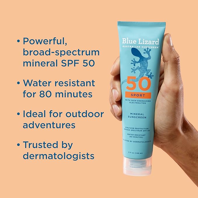Blue Lizard Sport Mineral SPF 50 Lotion,Ideal for Athletes,100% Mineral Sunscreen Actives,Fragrance-Free,Paraben-Free,Vegan,5 fl oz,(Pack of 2)