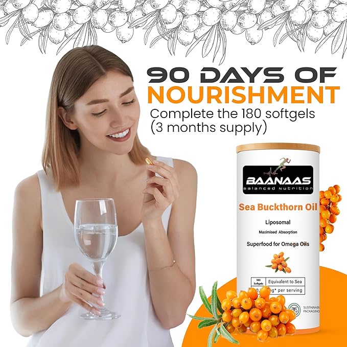 LIPOSOMAL Sea Buckthorn Oil Capsules 30,000mg | 180 Count | High Strength Vegan Supplement | Source of Omega 7 Essential Fatty Acids | No Artificial Preservatives | by Baanaas