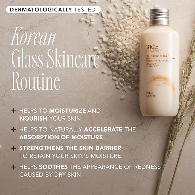THE FACE SHOP Rice Ceramide Moisturizing Emulsion, Hydrating with Rice Water, Targets Dryness, Strengthens Skin Barrier, Lightweight, Korean Skin Care, 5.0 fl. oz.