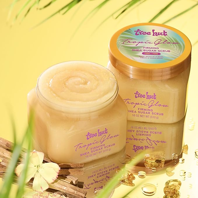 Tree Hut Tropic Glow Shea Sugar Scrub, Exfoliating & Hydrating Body Scrub with Shea Butter, Radiant Glow, Warm Scent, 18 oz