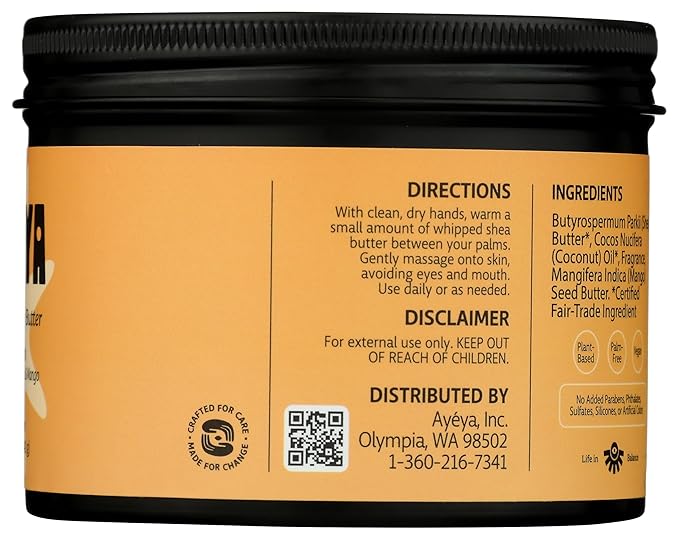 AYÉYA Whipped Shea Body Butter – Vibration – Mango, Lemon, and Cedarwood – Energizing Vegan Body Cream for Dull, Dry, or Uneven Skin – Shea, Coconut, and Mango Blend – 5 oz