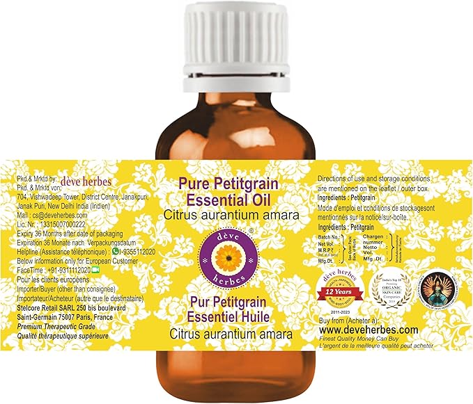 Deve Herbes Pure Petitgrain Essential Oil (Citrus aurantium Amara) Steam Distilled 10ml (0.33 oz)