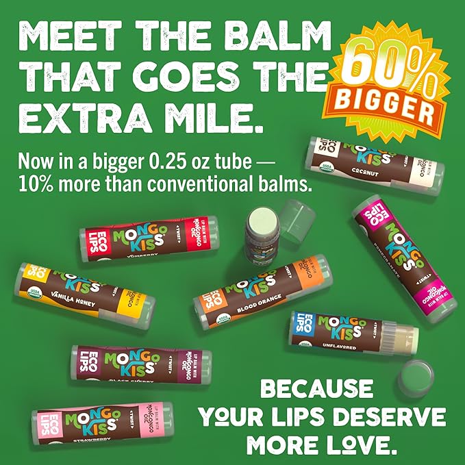 LIP BALM Mongo Kiss 6-Pack by Eco Lips 100% Organic Beeswax & Cocoa Butter Lip Care with Mongongo Oil - Soothe & Moisturize Dry & Cracked Lips - Made in USA. (Unflavored)