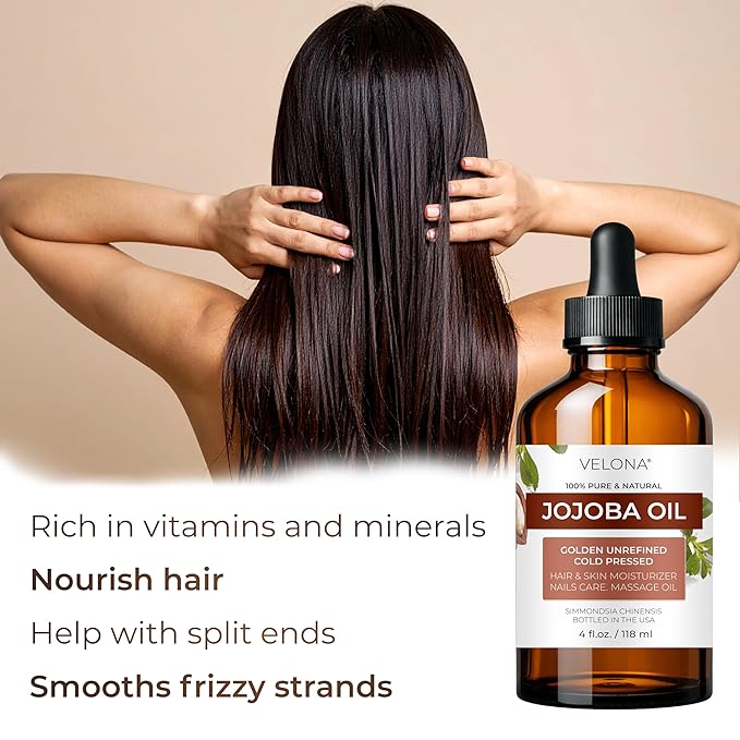 velona Jojoba Oil - 4 Fl Oz (With Dropper) | 100% Pure and Natural | Golden, Unrefined, Cold Pressed, Hexane Free | Moisturizing Face, Hair, Body, Skin Care