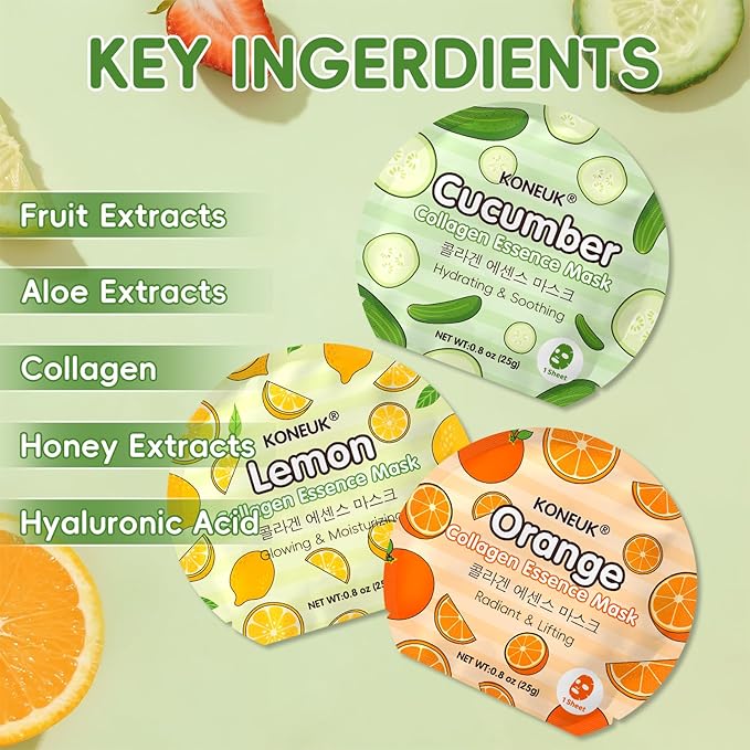 KONEUK 60 Pack Colorful Fruit Face Masks Skincare Set, Bulk Sheet Facial Mask for All Skin Types, Collagen Hydrating Face Mask for Women, Spa Party Gifts and Mothers Day Gifts (6 Types x 10 Pcs)
