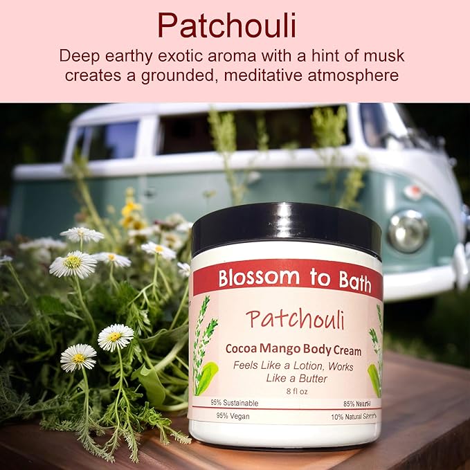 Blossom to Bath Patchouli Cocoa Mango Body Cream (8 Ounce) - Pure Essential Oil Fragrance - Feels Like A Lotion And Works Like A Butter with a Woodsy Exotic Scent