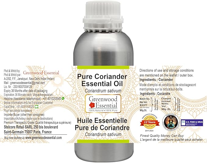Greenwood Essential Pure Coriander Essential Oil (Coriandrum sativum) 300ml (10 oz)