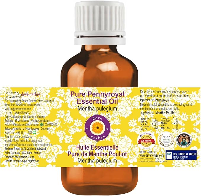 Deve Herbes Pure Pennyroyal Essential Oil (Mentha pulegium) Steam Distilled 50ml (1.69 oz)