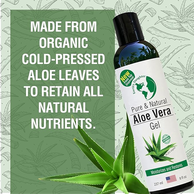 Earth's Daughter Organic Aloe Vera Gel from Fresh Cut 100% Pure Organic Aloe leaves – Fast Absorbing for Face, Skin, Hair & Body – Vegan, Unscented, Natural - 8 Oz USA Made