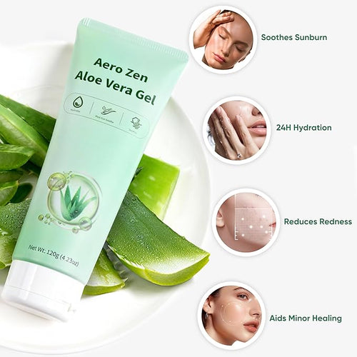 Aero Zen 98% Organic Aloe Vera Gel, Natural Moisturizing Pure Aloe for Face and Arms, Soothing & Hydrating Aloe Gel for Sunburn Relief and Deep Skin Nourishment, 4.23 oz